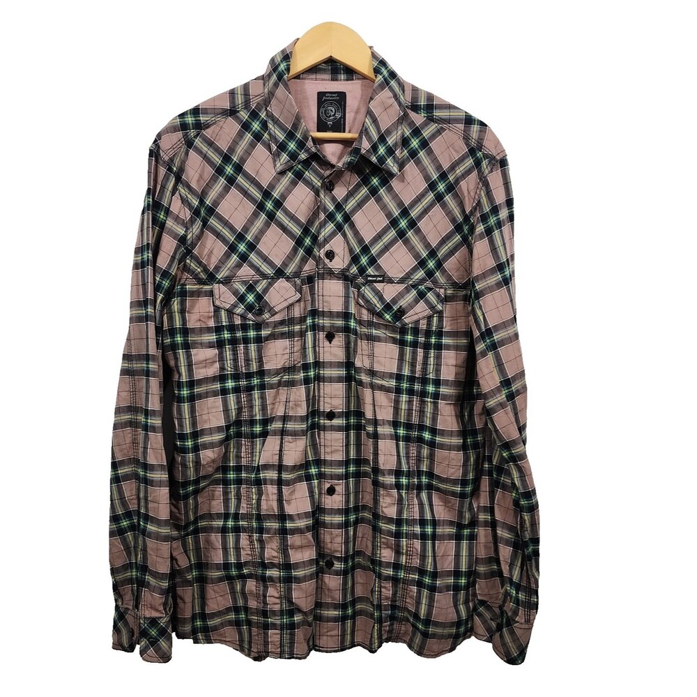 Diesel Men's Shirt Size XL Pink Black Plaid Long-Sleeve Button-up Flap Pockets